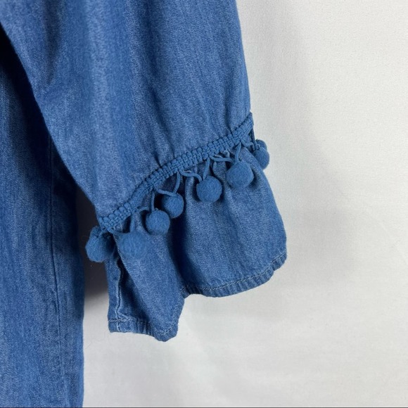 ANTHROPOLOGIE Hester & Orchard Peasant Style Chambray Pom Pom Top - Medium - Picture 4 of 4